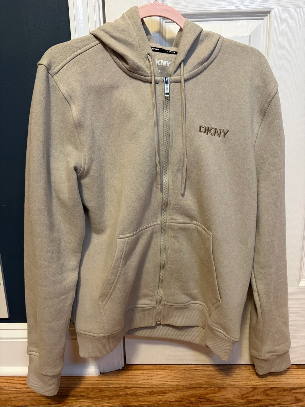 DKNY Unisex Zip-Up Hoodie in Light Tan- Men’s Small or Women’s Medium